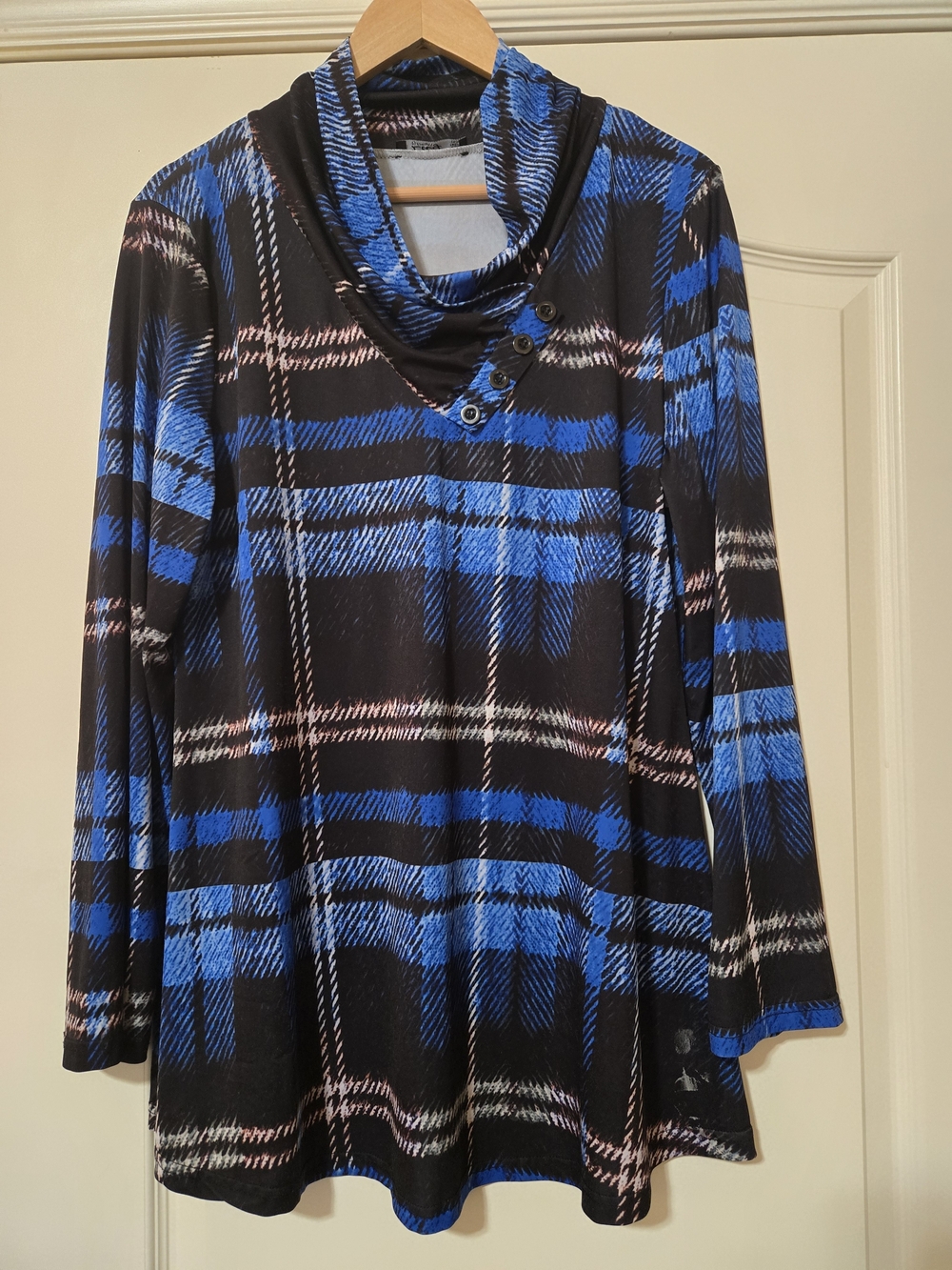 Plaid Cowl-Neck Tunic with Button Detail - Blue & Black